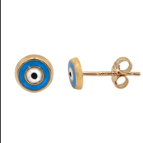 Brand new 10K yellow gold blue evil eye studs earrings 5mm - Picture 2 of 2